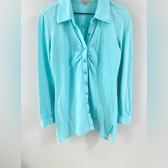 Mododoc Button Front Asymmetric Hem Tunic Blue Size Small - Picture 3 of 6